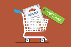 Car insurance in shopping cart Shopping cart with car insurance policy tagged with lowest price flat image concept