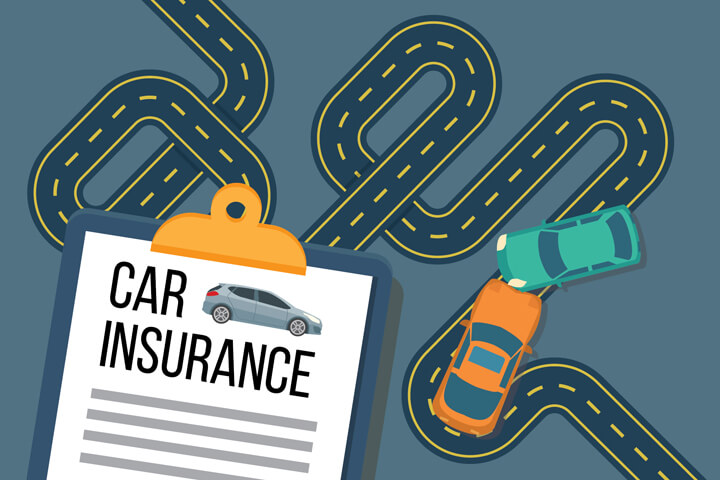 Two car accident on very curvy road with car insurance policy on clipboard in foreground