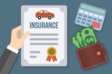 Hand holding auto insurance policy with cash sticking out from wallet and calculator concept for the cost of auto insurance