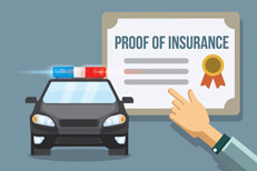 Proof of insurance certificate with police car flat concept for car insurance state financial responsibility laws