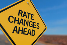 Yellow road sign reading Rate Changes Ahead concept for fluctuations in car insurance rates