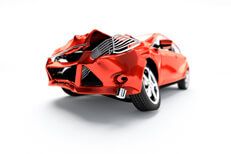 Auto insurance concept image of fish eye lens view of front end damage on red car