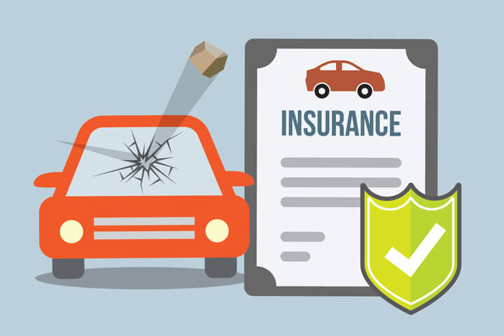Car insurance policy with car with broken windshield from rock flat concept