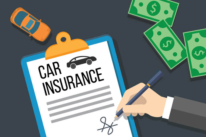 Car insurance policy on clipboard with hand signing signature and cash money and small toy car flat concept for car insurance payment or issuance