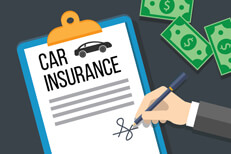Car insurance policy on clipboard with hand signing signature and cash money flat concept for car insurance payment or issuance