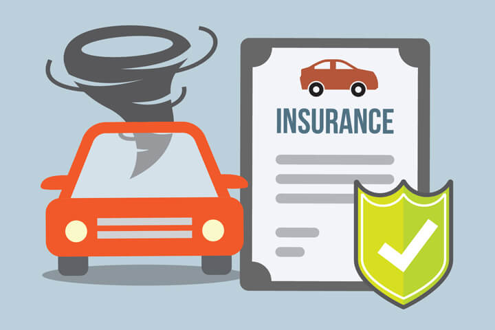 Car insurance policy and with shield beside car with tornado flat concept for tornado or wind damage