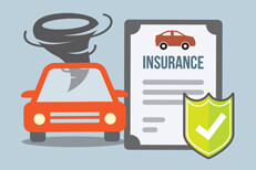 Car insurance policy and with shield beside car with tornado flat concept for tornado or wind damage