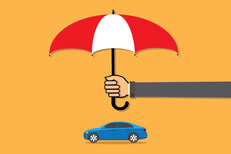 Long arm holding insurance protection umbrella over small blue sedan gold background