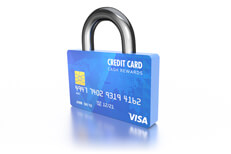 3D render of blue credit card as padlock isolated on white