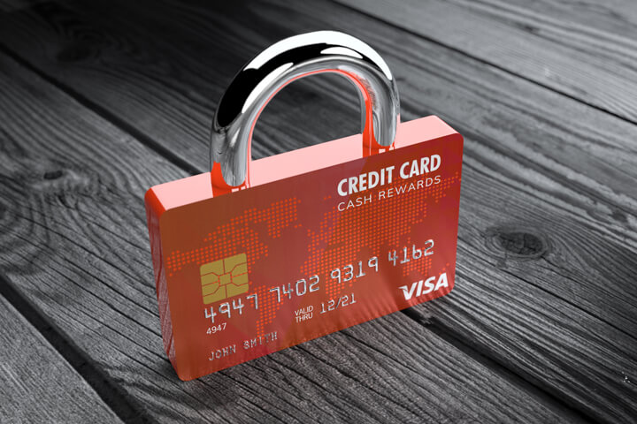 3D render of credit card as padlock concept for secure credit