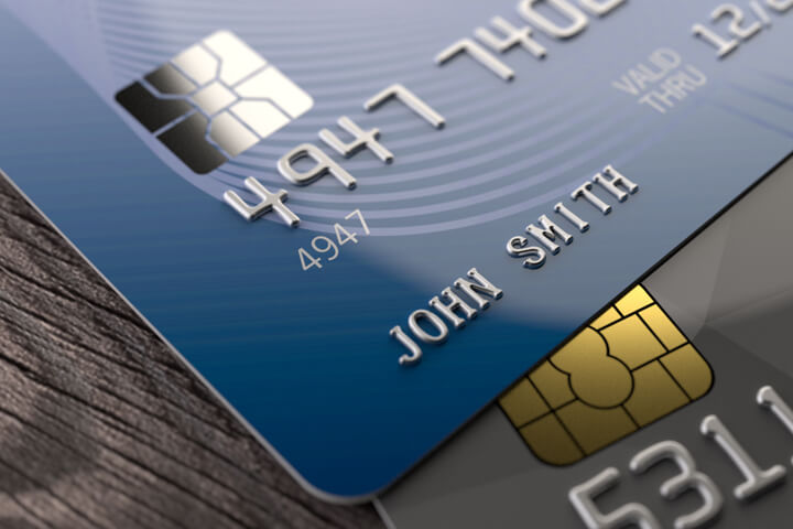 Close up of EMV chips of Mastercard and Visa credit cards
