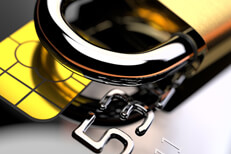 Credit lock concept photo Close up photo of padlock lying on credit card EMV chip