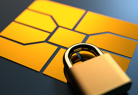 Shiny credit card EMV chip with padlock in corner