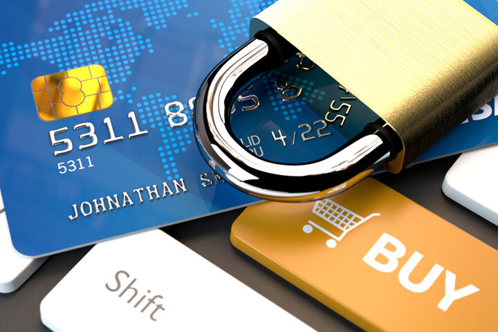 Keyboard with shopping card key with credit card and padlock