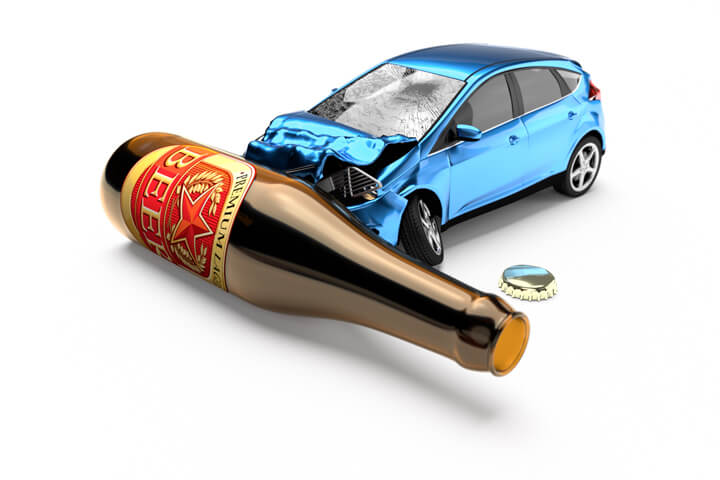 Blue car crashed into beer bottle laying on side concept for drunk driving or DUI