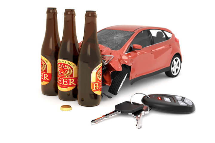 Car crashed into three beer bottles with car keys on ground concept for DUI or drunk driving
