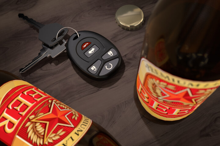 Beer bottles on dark wood bar with car keys and bottle cap symbolizing drunk driving