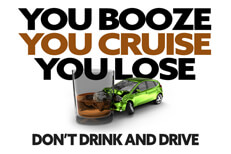 Illustration with Booze, Cruise, Lose text and DUI crash concept in foreground