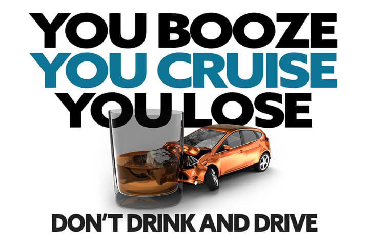 Illustration with blue and black Booze, Cruise, Lose text and DUI crash concept in foreground
