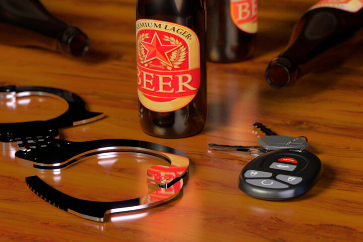 Shiny handcuffs with car keys and beer bottles on bar DUI concept image