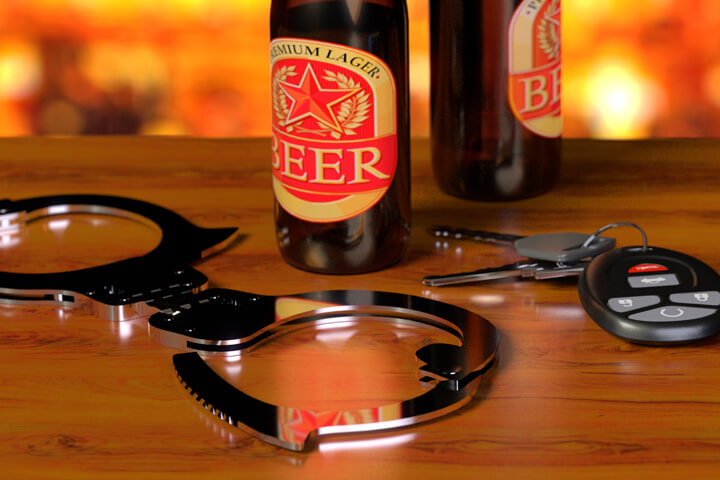 Beer bottles on bar with chrome handcuffs and car keys