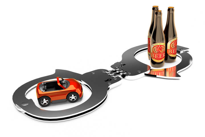 Handcuffs with toy car and small beer bottles DUI concept free image