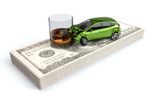 Car crashed into whiskey glass DUI accident on stack of cash illustrating the high cost of DUI