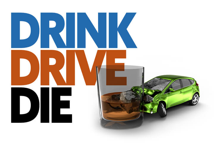 Illustration with drunk driving crash concept and Drink, Drive, Die text in background