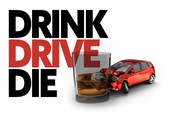 Illustration with drunk driving crash concept and red and black Drink, Drive, Die text in background