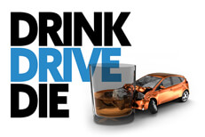 Illustration with drunk driving crash concept and blue and black Drink, Drive, Die text in background