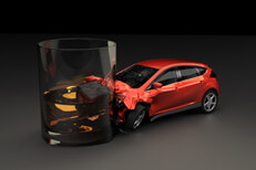 Red compact car crashed into alcoholic drink on dark studio background concept for driving while impaired