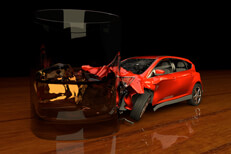 Red compact car crashed into alcoholic drink on bar concept for driving while impaired