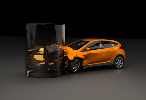 Car crashed into side of whiskey glass concept for drinking and driving
