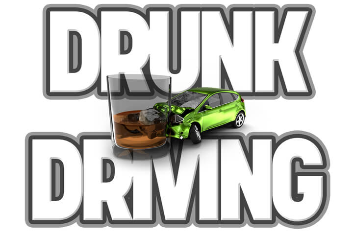 Illustration with black Drunk Driving text in background with DUI crash concept in front