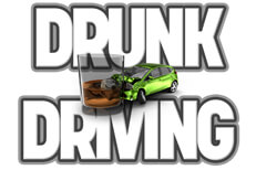 Illustration with black Drunk Driving text in background with DUI crash concept in front