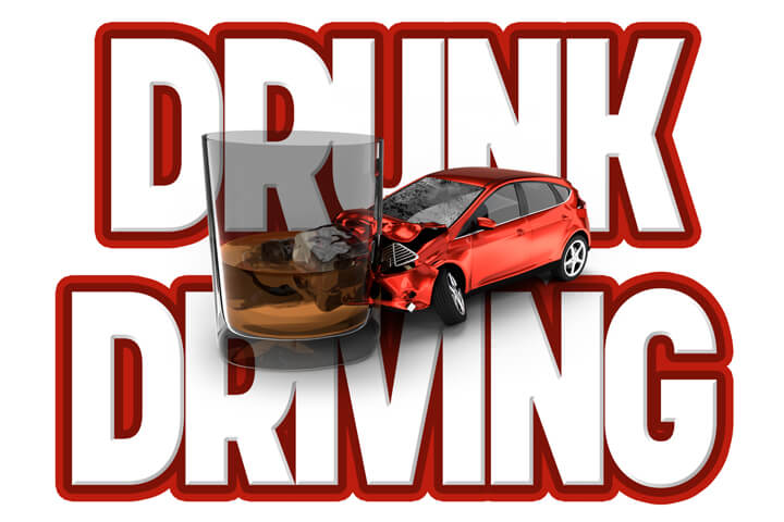Illustration with red and black Drunk Driving text in background with DUI crash concept in front
