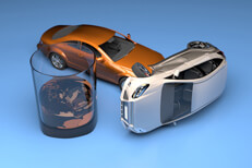 Car accident next to glass of whiskey from drunk driving stylized with blue colored studio background