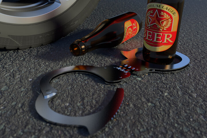 Beer bottles with handcuffs on street next to car tire and wheel DUI arrest concept photo
