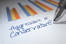 Pen writing Agressive or Conservative under bar chart showing investment returns over time