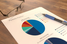 Paper with asset and risk allocation pie charts with ink pen and glasses on table