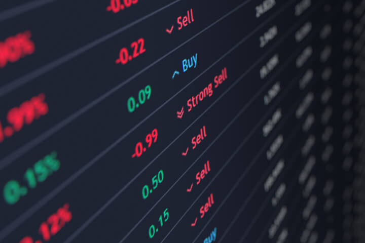 Stock ticker screen showing price, percent change, and buy sell recommendations