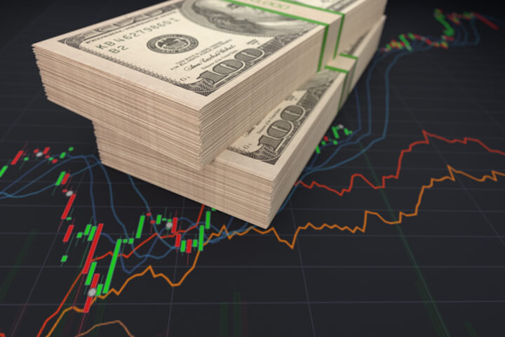 Two bundles of U.S. paper bills on stock price line chart and candlestick chart