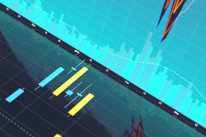 Stock price area chart and trading volume reflected in glossy candlestick chart