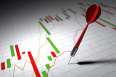 White paper showing stock price volatility and dart stuck representing poor investment strategy
