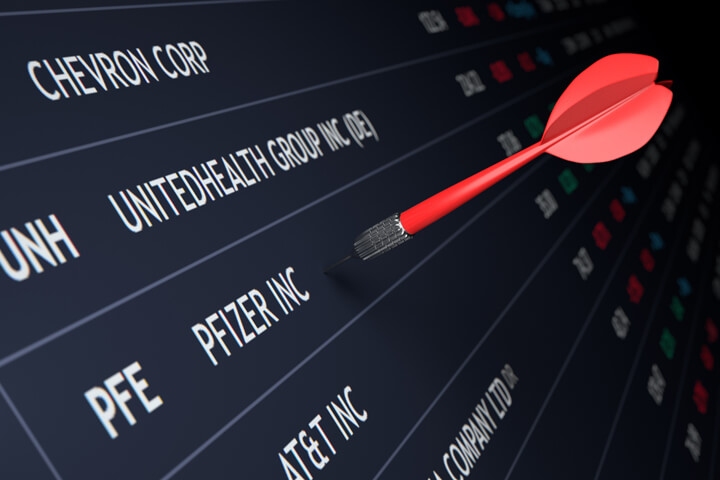 Stock ticker showing stock names and dart stuck in Pfizer row indicating a random stock pick