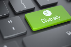 Dark laptop keyboard with large green Diversify key with pie chart icon