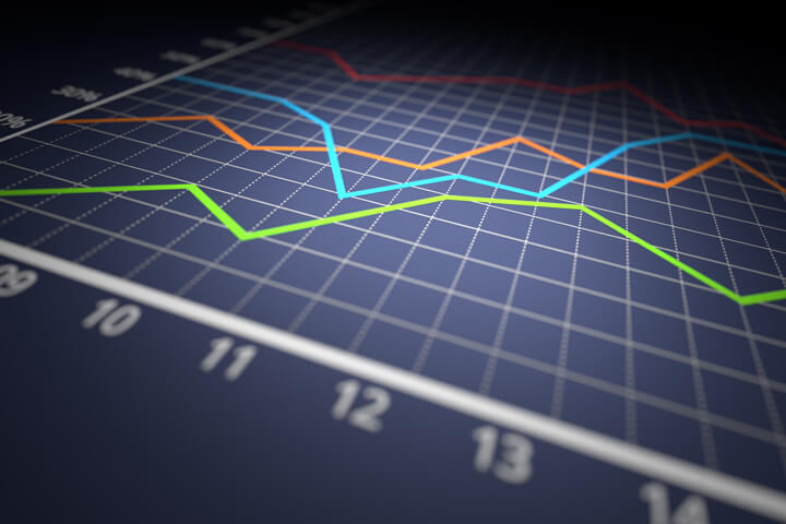 Colorful investment line chart on dark blue background with spot light in center