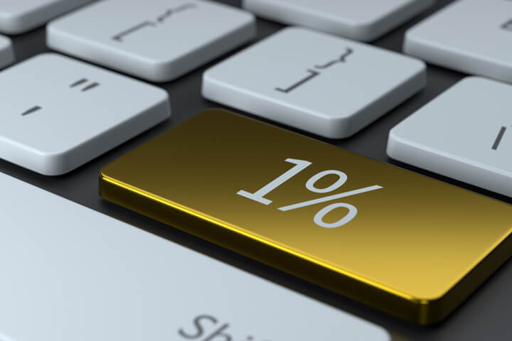 Computer keyboard with shiny gold key with 1% concept for upper income earners