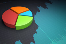 3D colorful pie chart on screenshot of stock price area chart