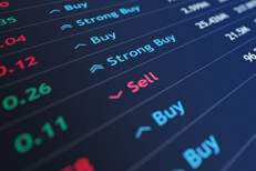 Stock price ticker with sell recommendation and down arrow